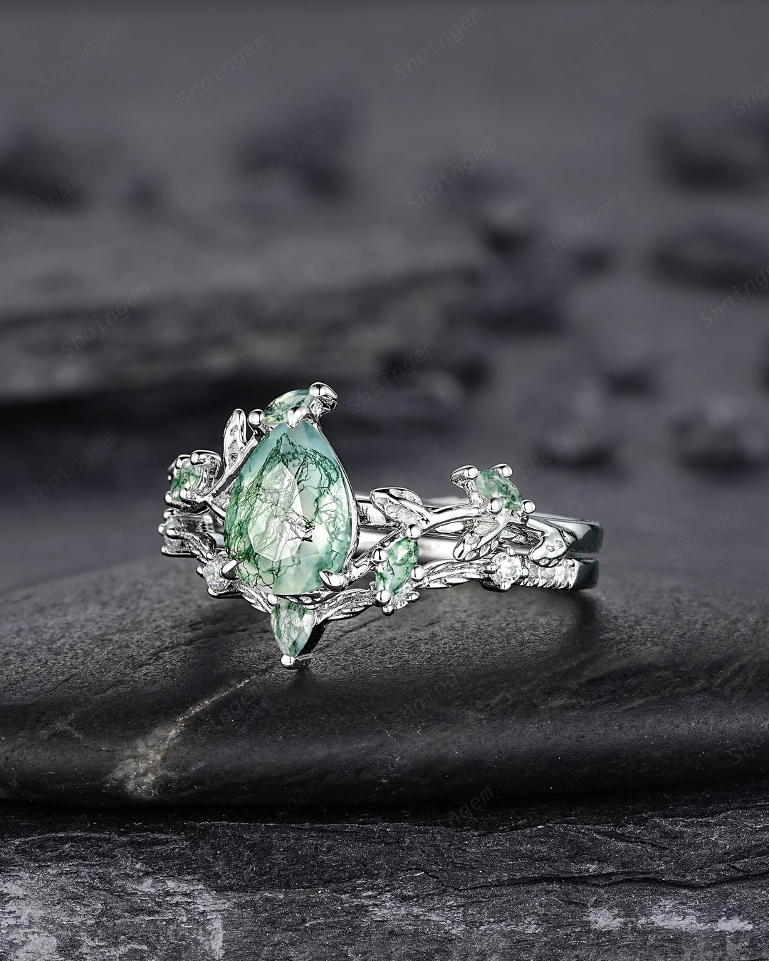 Pear Cut Moss Agate Engagement Ring, 14K White Solid Gold Twig Branch Promise Wedding Ring, Nature Inspired Vine Bridal Set Gift for her - ShainJewelry