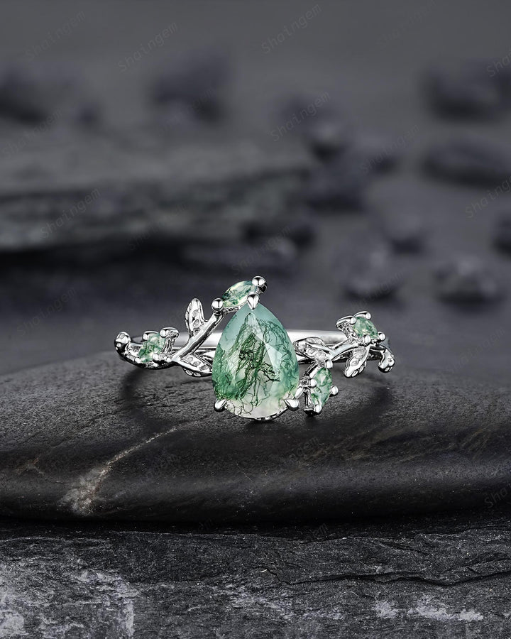 Pear Cut Moss Agate Engagement Ring, 14K White Solid Gold Twig Branch Promise Wedding Ring, Nature Inspired Vine Bridal Set Gift for her - ShainJewelry