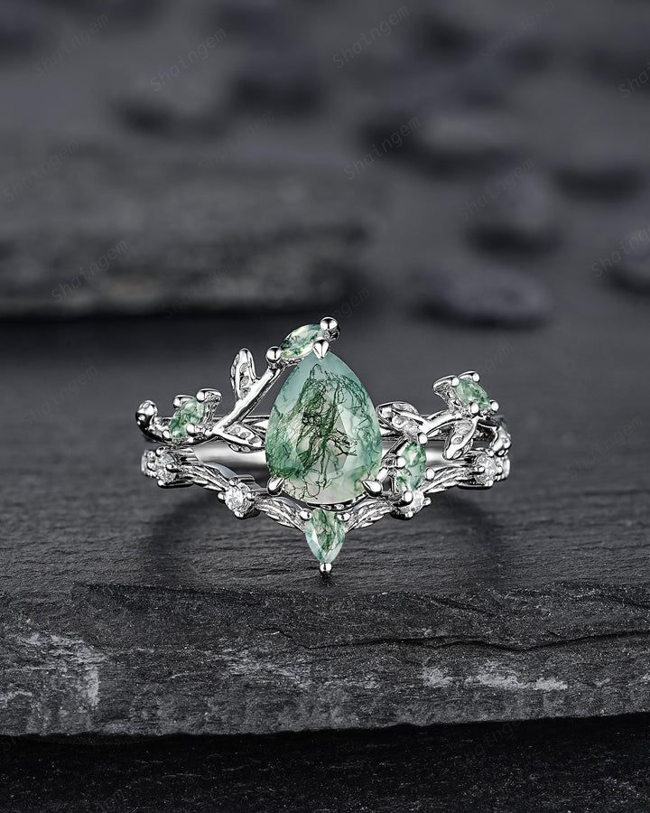 Pear Cut Moss Agate Engagement Ring, 14K White Solid Gold Twig Branch Promise Wedding Ring, Nature Inspired Vine Bridal Set Gift for her - ShainJewelry