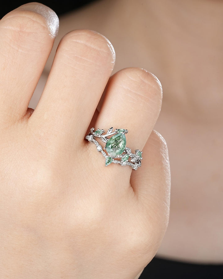 Pear Cut Moss Agate Engagement Ring, 14K White Solid Gold Twig Branch Promise Wedding Ring, Nature Inspired Vine Bridal Set Gift for her - ShainJewelry