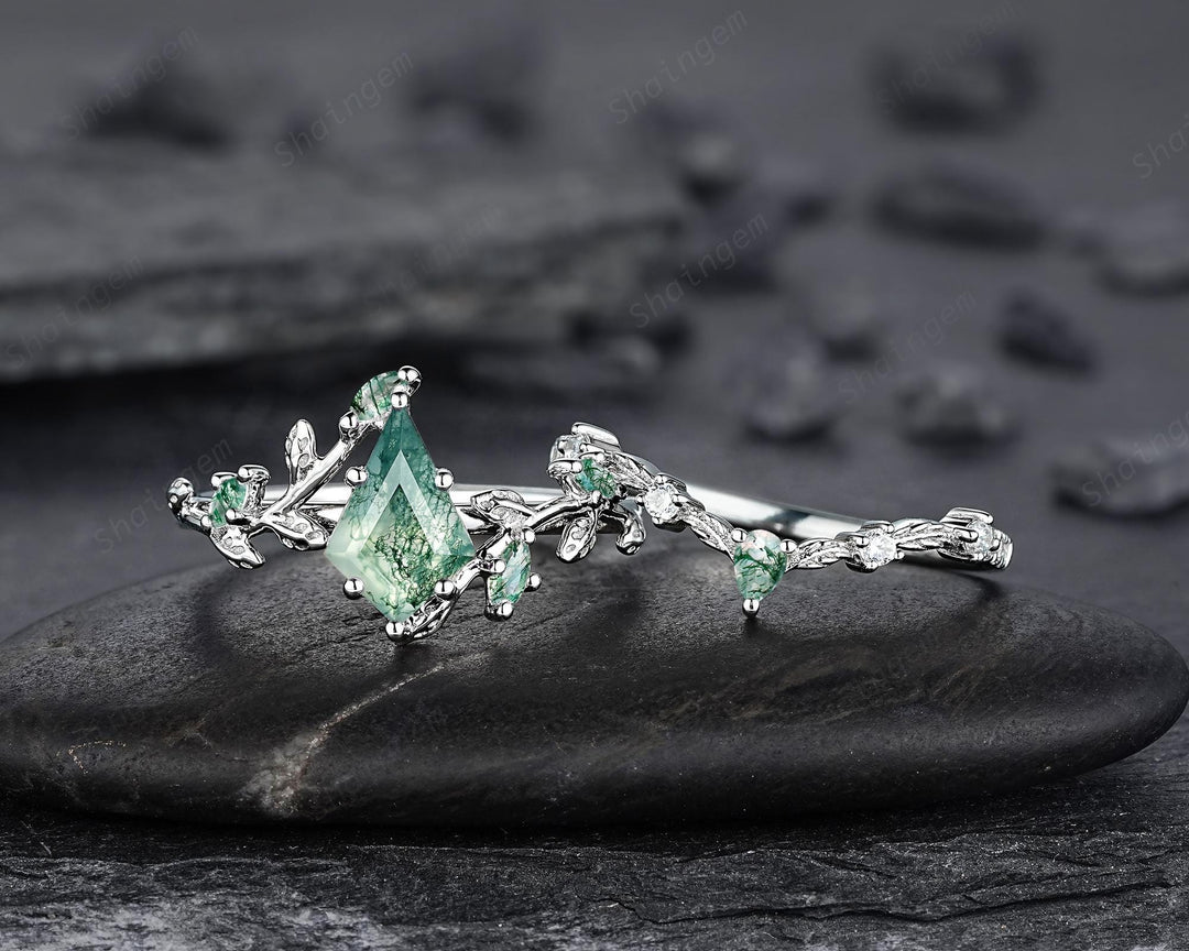Platinum Kite Cut Moss Agate Leaf Engagement Ring Set, 14K White Gold Twig Branch Promise Wedding Ring, Silver 925 Vine Bridal Set For Women - ShainJewelry