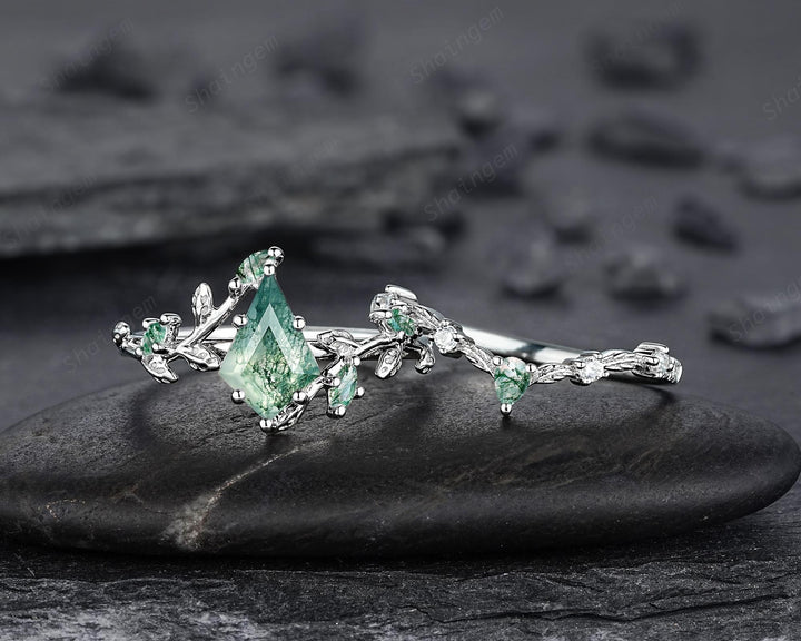 Platinum Kite Cut Moss Agate Leaf Engagement Ring Set, 14K White Gold Twig Branch Promise Wedding Ring, Silver 925 Vine Bridal Set For Women - ShainJewelry