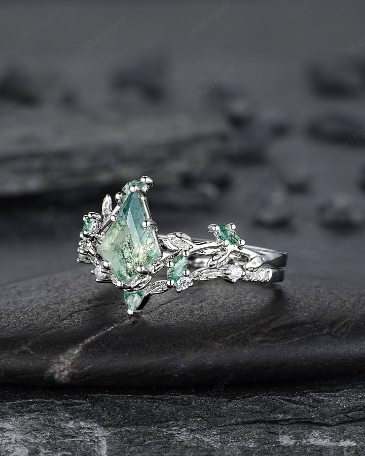 Platinum Kite Cut Moss Agate Leaf Engagement Ring Set, 14K White Gold Twig Branch Promise Wedding Ring, Silver 925 Vine Bridal Set For Women - ShainJewelry