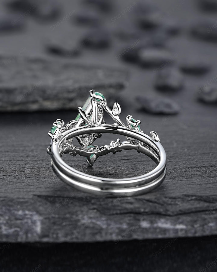 Platinum Kite Cut Moss Agate Leaf Engagement Ring Set, 14K White Gold Twig Branch Promise Wedding Ring, Silver 925 Vine Bridal Set For Women - ShainJewelry