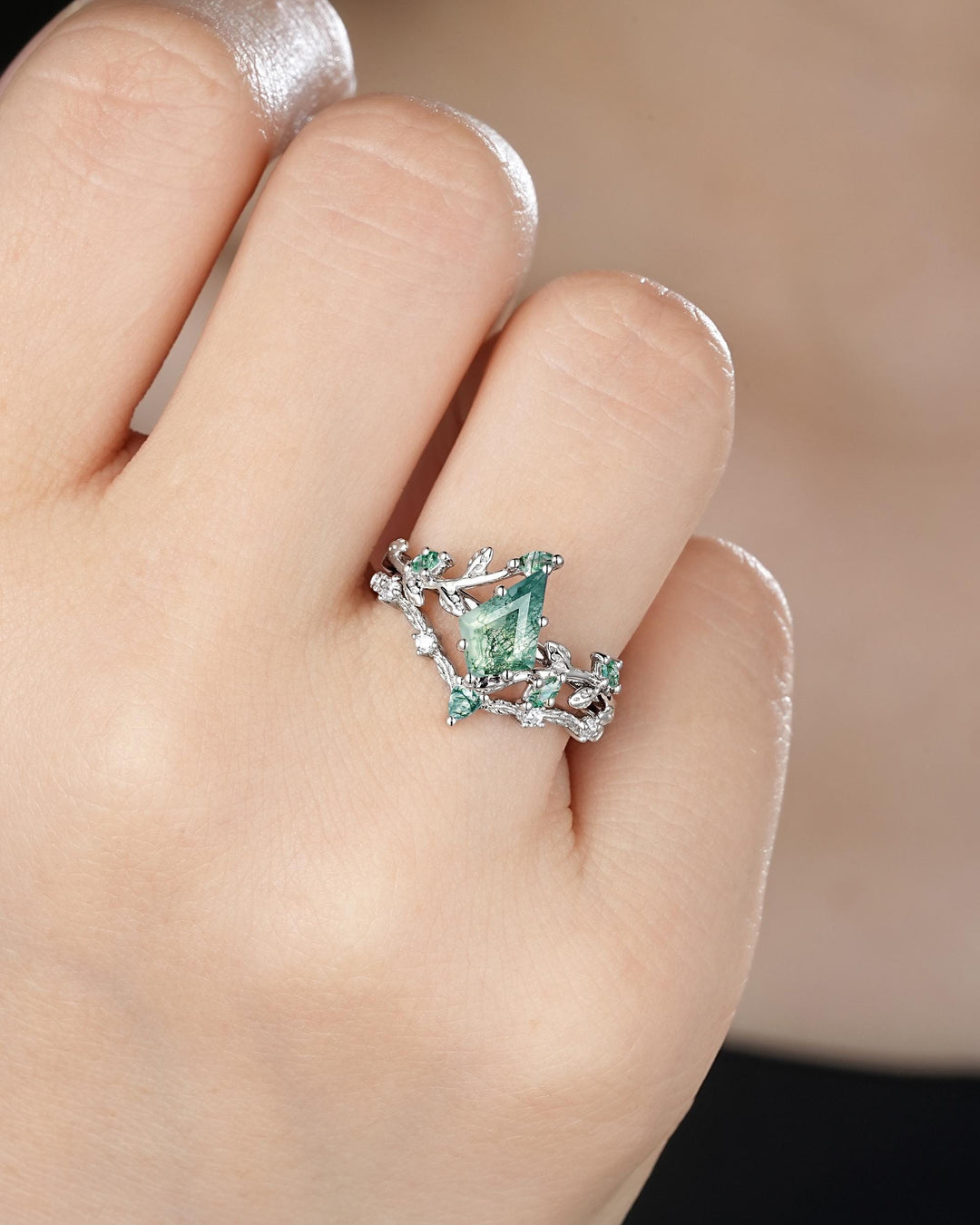 Platinum Kite Cut Moss Agate Leaf Engagement Ring Set, 14K White Gold Twig Branch Promise Wedding Ring, Silver 925 Vine Bridal Set For Women - ShainJewelry