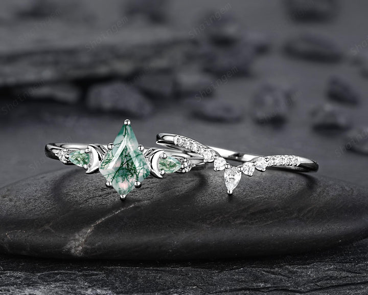 Kite Shape Moss Agate Crescent Engagement Ring Set, Nature Inspired Sterling Silver Moon Wedding Promise Ring Anniversary Gift for Women - ShainJewelry