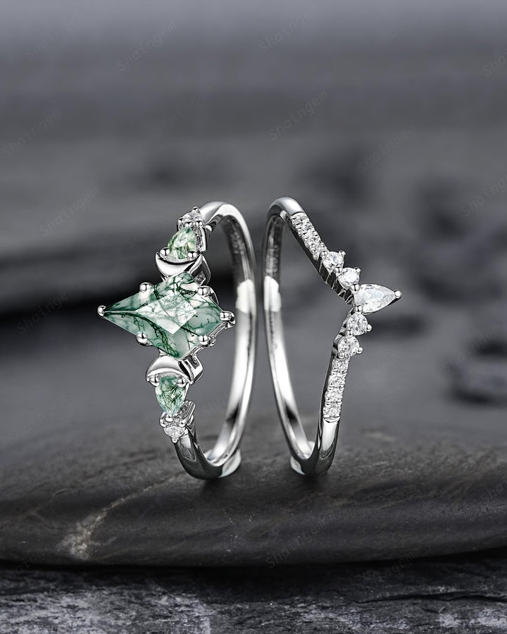 Kite Shape Moss Agate Crescent Engagement Ring Set, Nature Inspired Sterling Silver Moon Wedding Promise Ring Anniversary Gift for Women - ShainJewelry