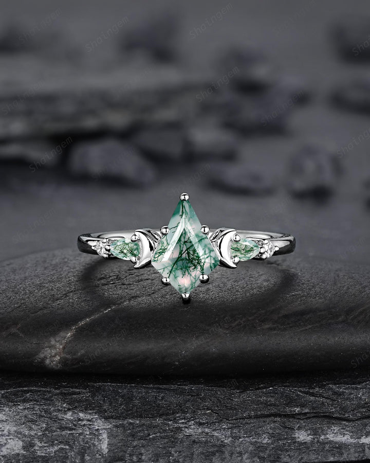 Kite Shape Moss Agate Crescent Engagement Ring Set, Nature Inspired Sterling Silver Moon Wedding Promise Ring Anniversary Gift for Women - ShainJewelry