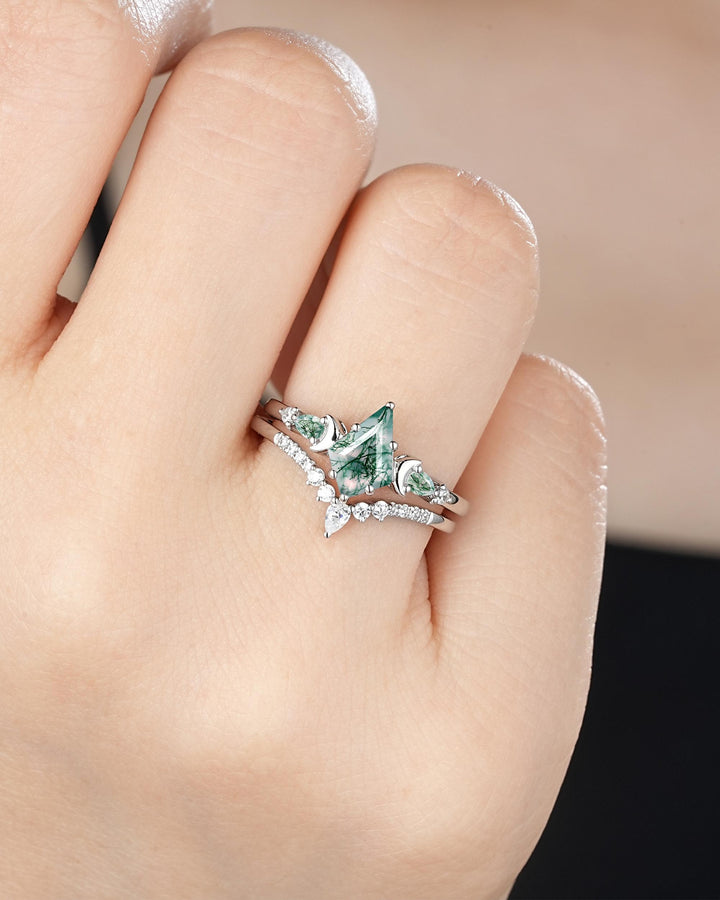 Kite Shape Moss Agate Crescent Engagement Ring Set, Nature Inspired Sterling Silver Moon Wedding Promise Ring Anniversary Gift for Women - ShainJewelry