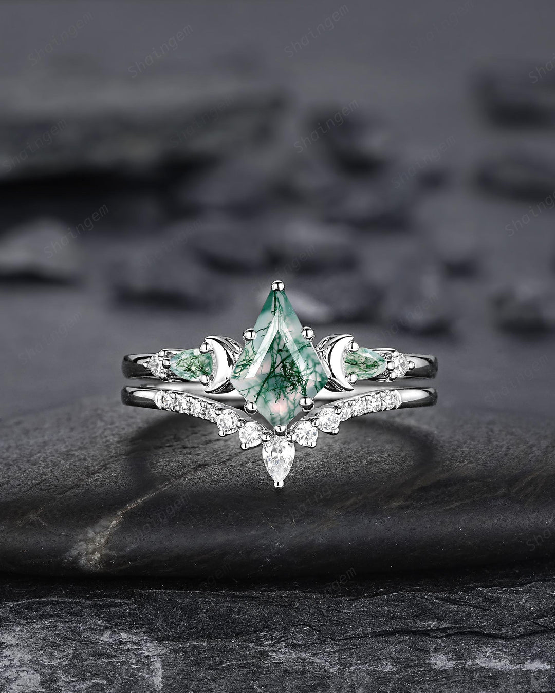 Kite Shape Moss Agate Crescent Engagement Ring Set, Nature Inspired Sterling Silver Moon Wedding Promise Ring Anniversary Gift for Women - ShainJewelry