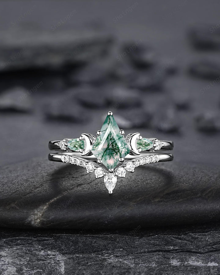 Kite Shape Moss Agate Crescent Engagement Ring Set, Nature Inspired Sterling Silver Moon Wedding Promise Ring Anniversary Gift for Women - ShainJewelry