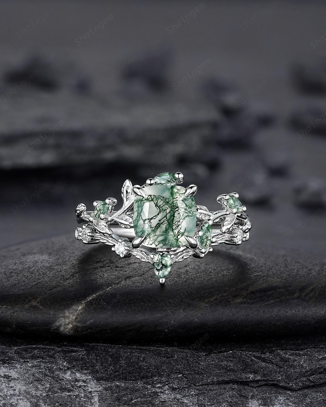 Platinum Cushion Cut Moss Agate Leaf Engagement Ring Set, 14K White Gold Twig Branch Promise Wedding Ring, Silver Vine Bridal Set For Women - ShainJewelry