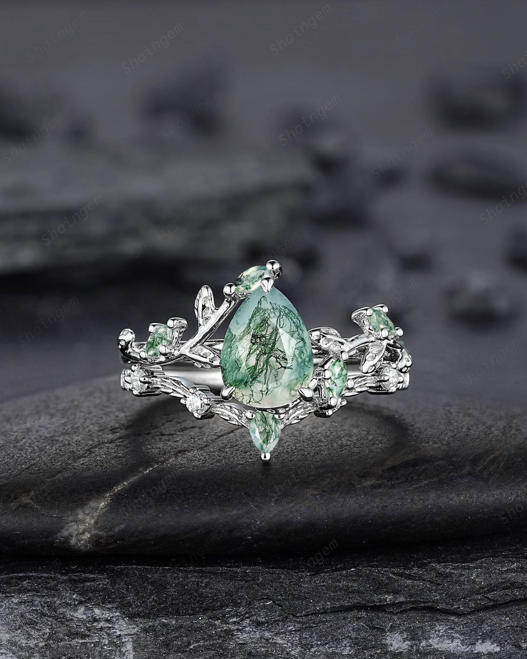 Pear Cut Moss Agate Engagement Ring, 14K White Solid Gold Twig Branch Promise Wedding Ring, Nature Inspired Vine Bridal Set Gift for her - ShainJewelry
