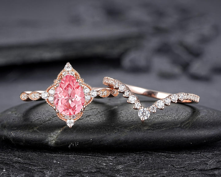 Vintage Pear Shape Padparadscha Pink Sapphire and Diamond Engagement Ring Set, Rose Gold Milgrain Wedding Ring Bridal Set Promise Ring - ShainJewelry