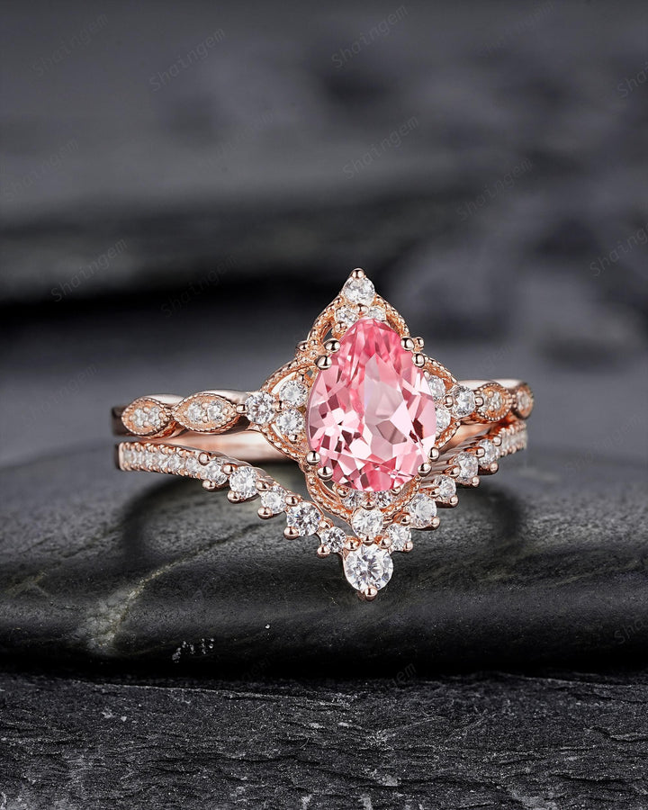 Vintage Pear Shape Padparadscha Pink Sapphire and Diamond Engagement Ring Set, Rose Gold Milgrain Wedding Ring Bridal Set Promise Ring - ShainJewelry