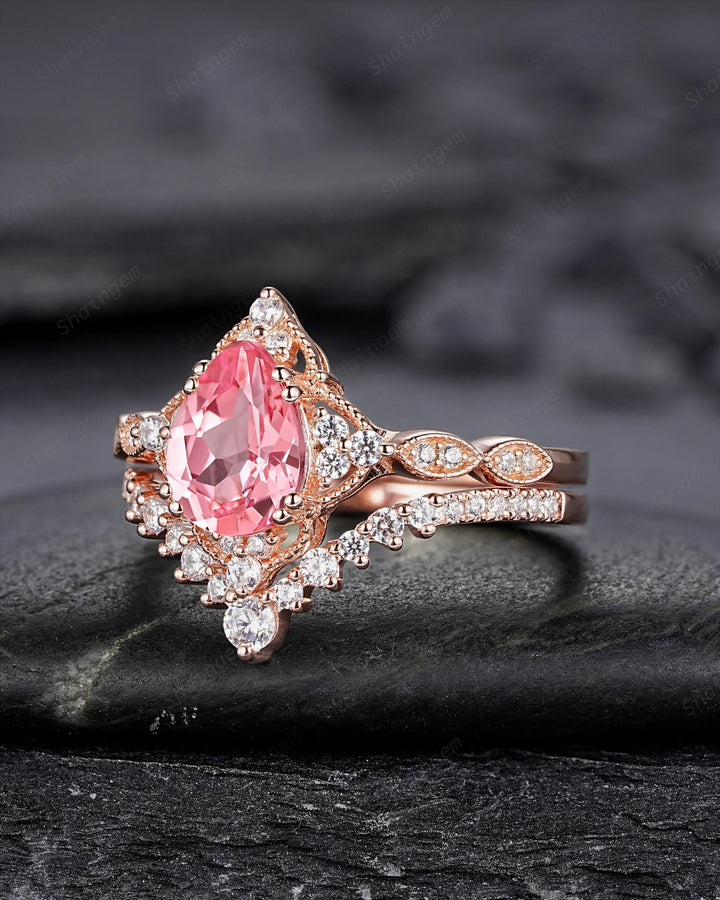 Vintage Pear Shape Padparadscha Pink Sapphire and Diamond Engagement Ring Set, Rose Gold Milgrain Wedding Ring Bridal Set Promise Ring - ShainJewelry