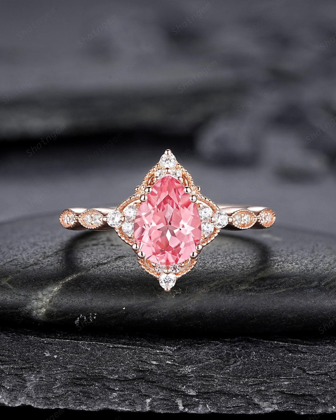 Vintage Pear Shape Padparadscha Pink Sapphire and Diamond Engagement Ring Set, Rose Gold Milgrain Wedding Ring Bridal Set Promise Ring - ShainJewelry