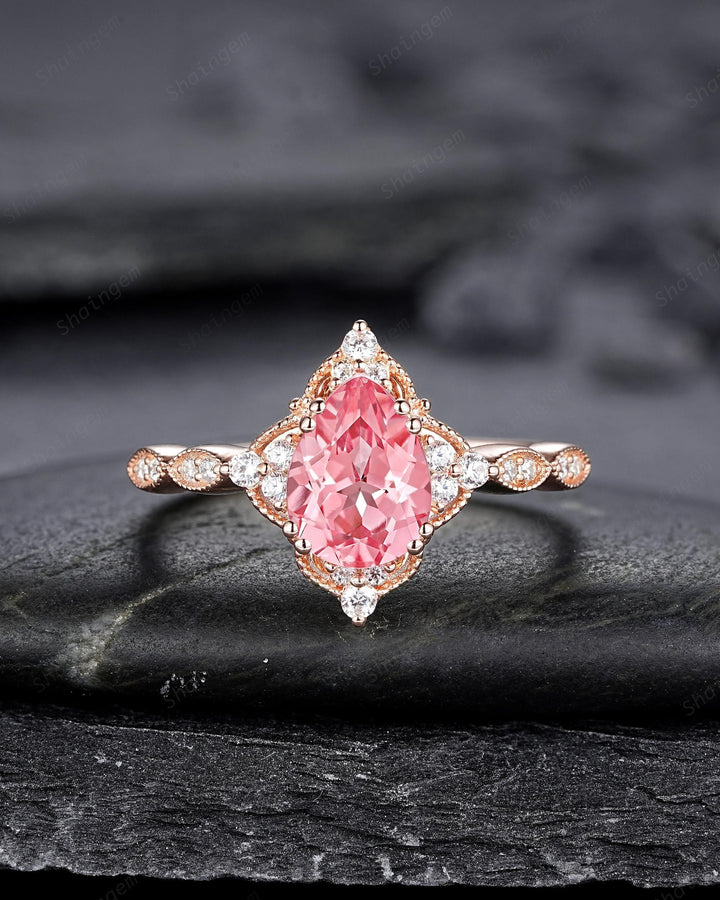 Vintage Pear Shape Padparadscha Pink Sapphire and Diamond Engagement Ring Set, Rose Gold Milgrain Wedding Ring Bridal Set Promise Ring - ShainJewelry