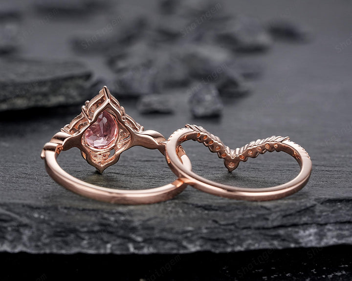Vintage Pear Shape Padparadscha Pink Sapphire and Diamond Engagement Ring Set, Rose Gold Milgrain Wedding Ring Bridal Set Promise Ring - ShainJewelry