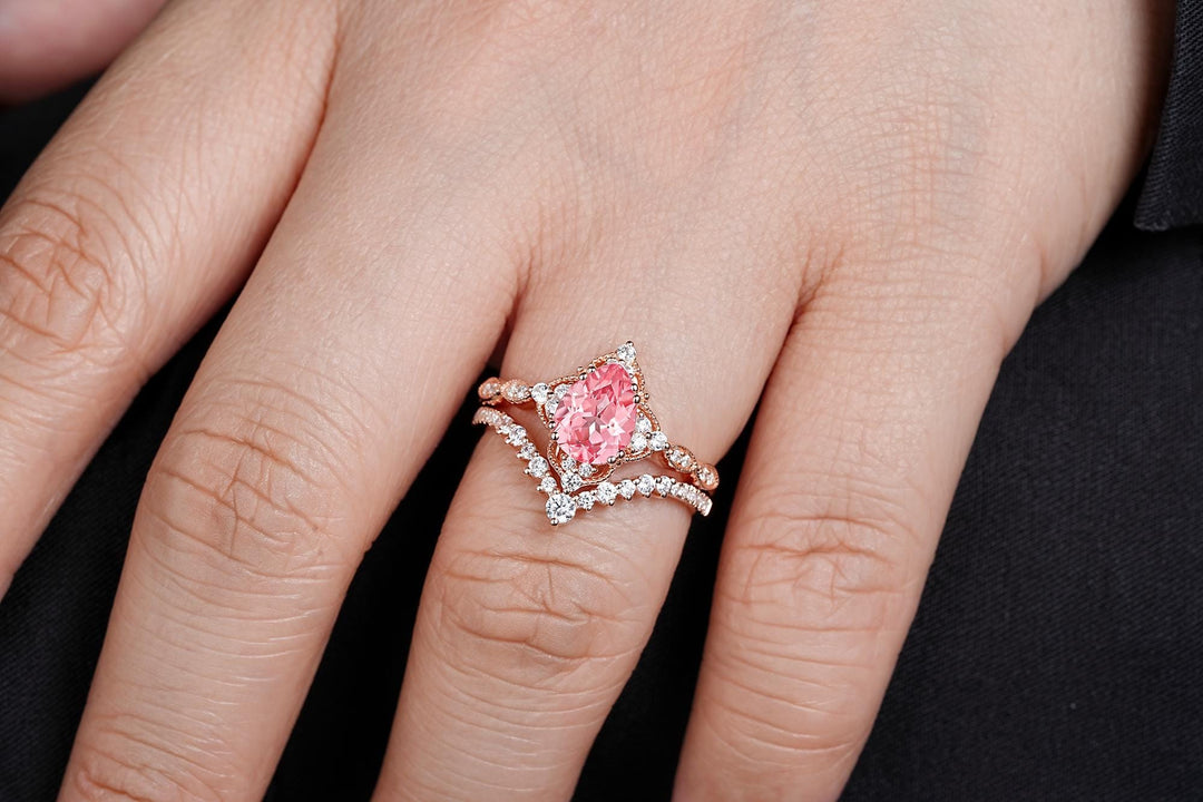 Vintage Pear Shape Padparadscha Pink Sapphire and Diamond Engagement Ring Set, Rose Gold Milgrain Wedding Ring Bridal Set Promise Ring - ShainJewelry