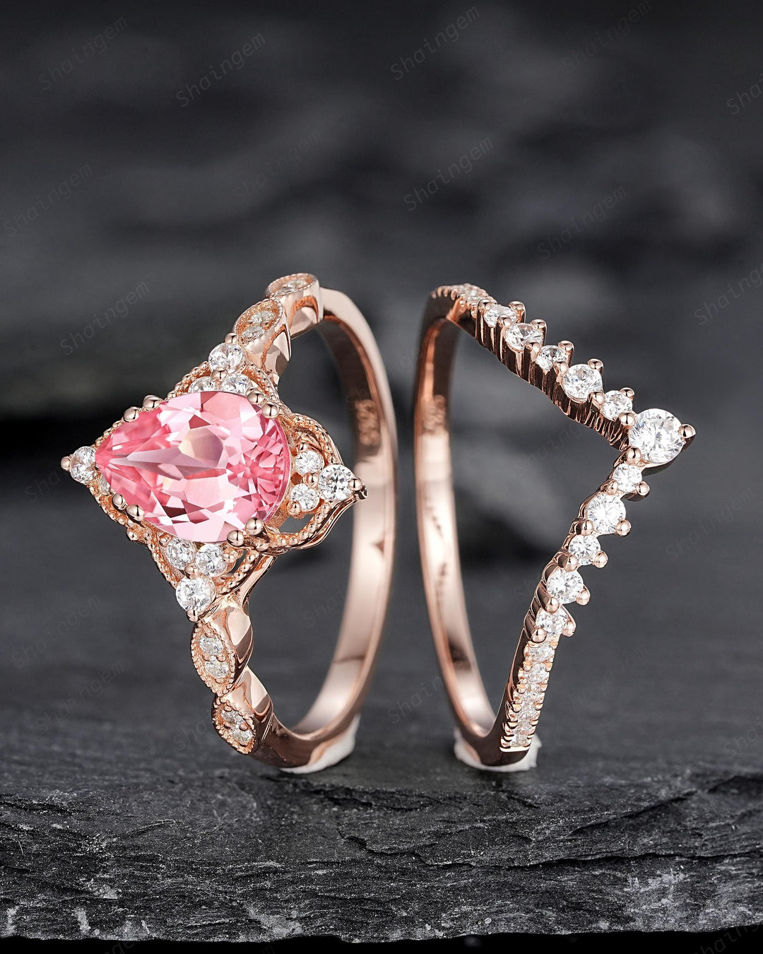 Vintage Pear Shape Padparadscha Pink Sapphire and Diamond Engagement Ring Set, Rose Gold Milgrain Wedding Ring Bridal Set Promise Ring - ShainJewelry
