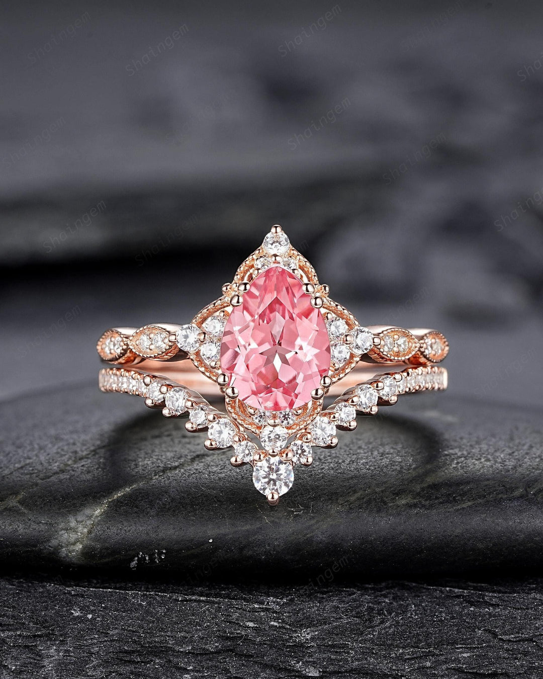 Vintage Pear Shape Padparadscha Pink Sapphire and Diamond Engagement Ring Set, Rose Gold Milgrain Wedding Ring Bridal Set Promise Ring - ShainJewelry