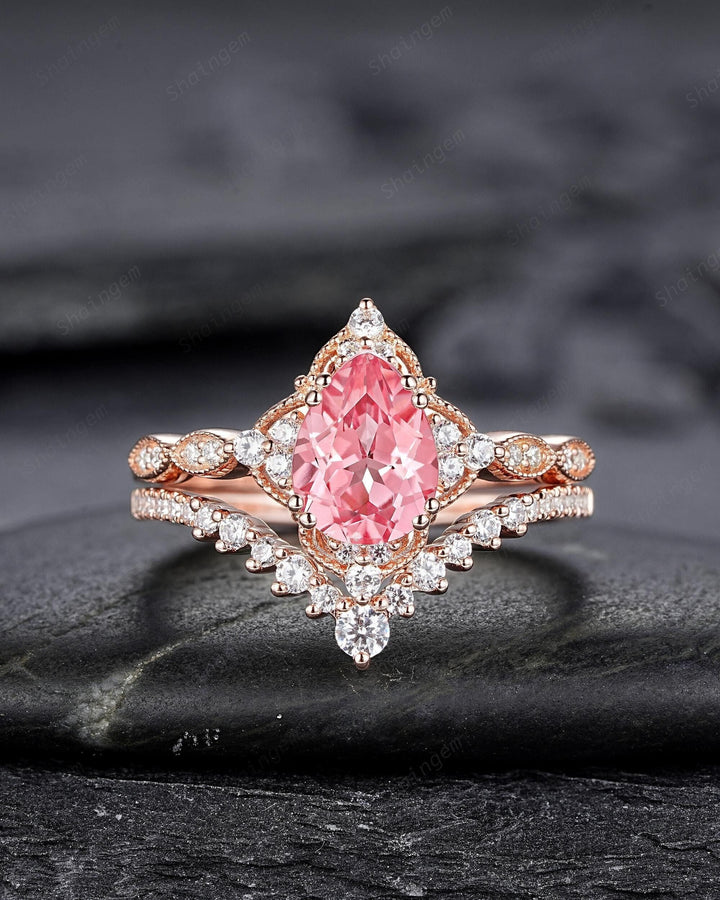 Vintage Pear Shape Padparadscha Pink Sapphire and Diamond Engagement Ring Set, Rose Gold Milgrain Wedding Ring Bridal Set Promise Ring - ShainJewelry