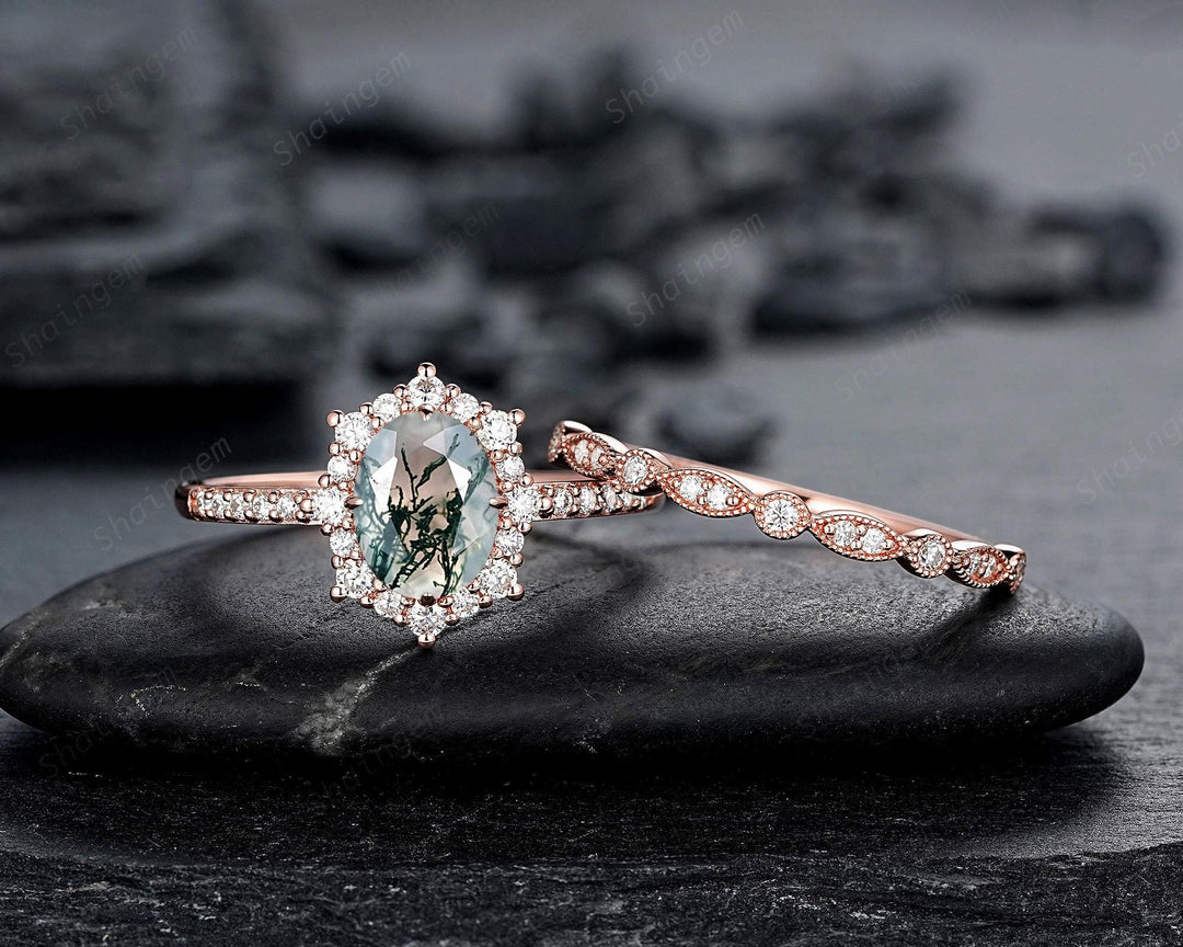 Vintage Moss Agate Halo Engagement Ring Set, Unique Oval Cut Mossy Agate Yellow Gold Wedding Set Moss Agate Bridal Set Anniversary Ring Gift - ShainJewelry