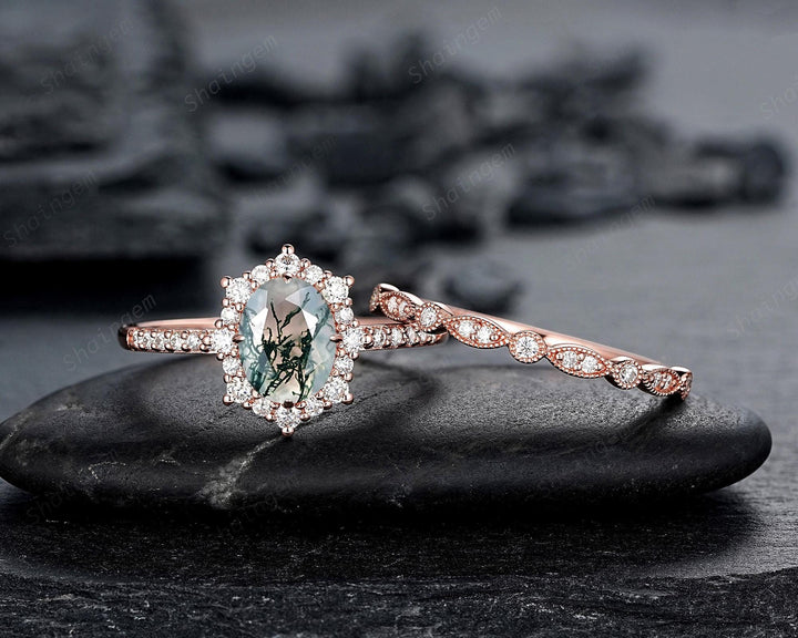 Vintage Moss Agate Halo Engagement Ring Set, Unique Oval Cut Mossy Agate Yellow Gold Wedding Set Moss Agate Bridal Set Anniversary Ring Gift - ShainJewelry