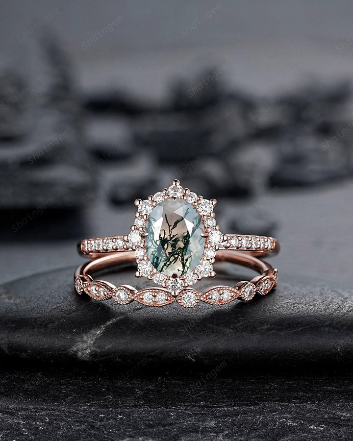 Vintage Moss Agate Halo Engagement Ring Set, Unique Oval Cut Mossy Agate Yellow Gold Wedding Set Moss Agate Bridal Set Anniversary Ring Gift - ShainJewelry