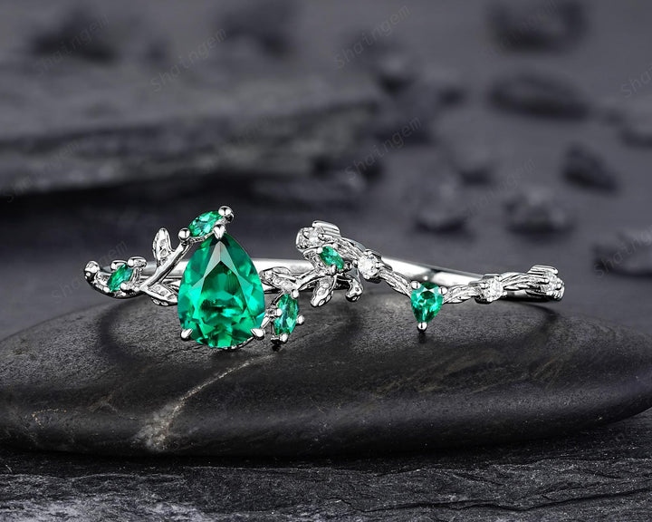 Pear Cut Emerald Engagement Ring, 14K White Gold Twig Branch Promise Wedding Ring, Nature Inspired Vine Emerald Bridal Set Gift for her - ShainJewelry