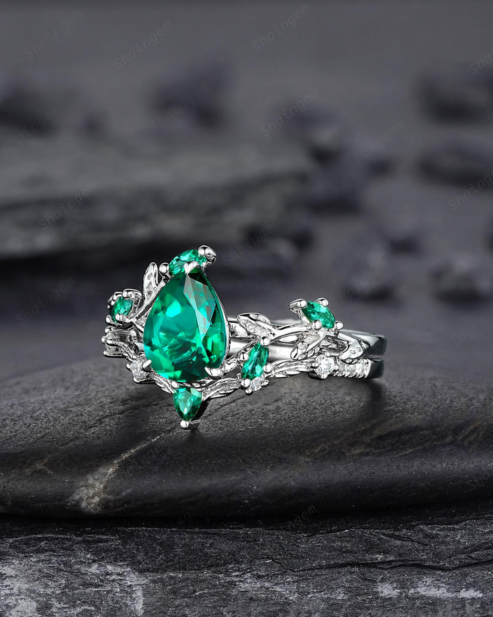 Pear Cut Emerald Engagement Ring, 14K White Gold Twig Branch Promise Wedding Ring, Nature Inspired Vine Emerald Bridal Set Gift for her - ShainJewelry