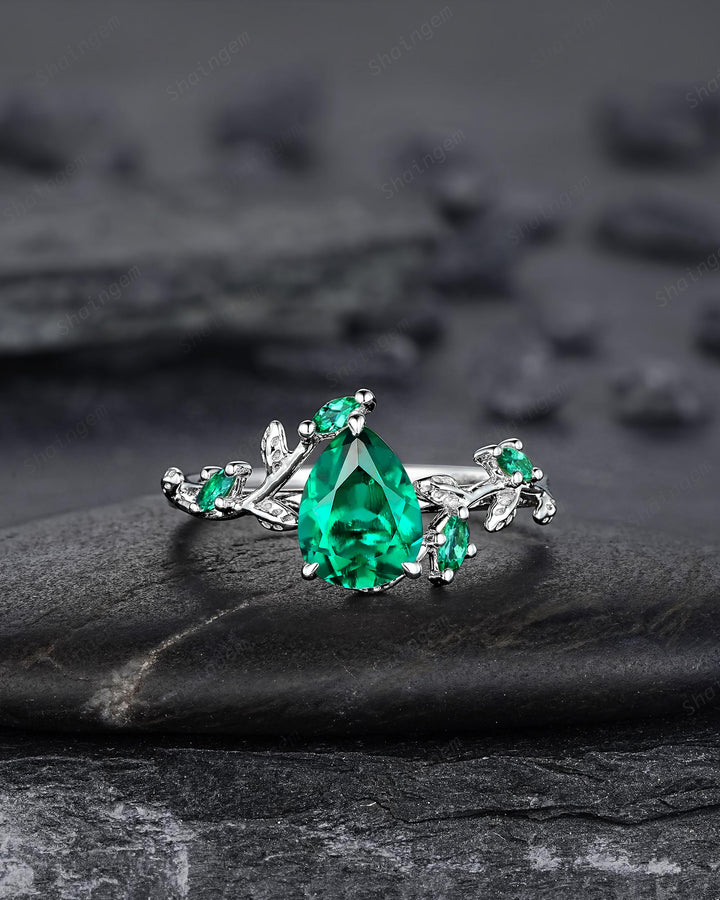 Pear Cut Emerald Engagement Ring, 14K White Gold Twig Branch Promise Wedding Ring, Nature Inspired Vine Emerald Bridal Set Gift for her - ShainJewelry