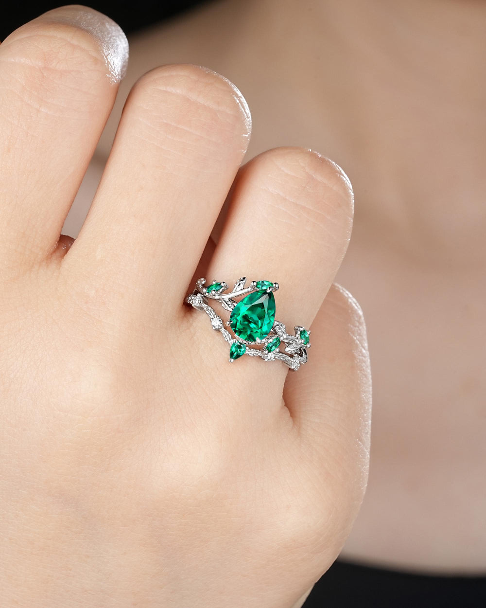 Pear Cut Emerald Engagement Ring, 14K White Gold Twig Branch Promise Wedding Ring, Nature Inspired Vine Emerald Bridal Set Gift for her - ShainJewelry