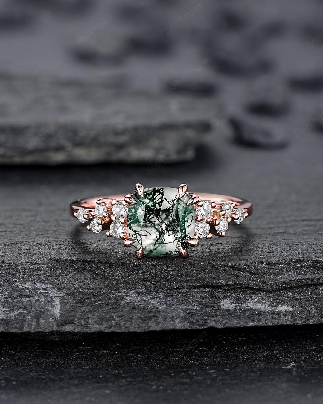 Vintage Cushion Cut Cluster Moss Agate Engagement Ring, Moss Agate Diamond Promise Ring, 14K Rose Gold Wedding Ring Anniversary Gift for her - ShainJewelry