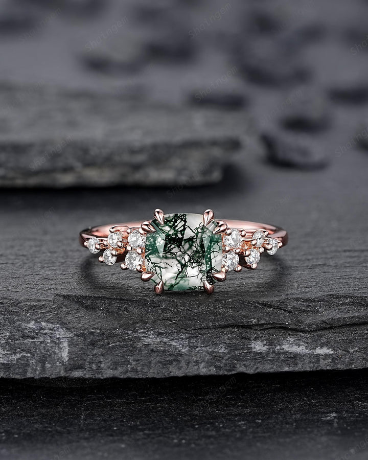 Vintage Cushion Cut Cluster Moss Agate Engagement Ring, Moss Agate Diamond Promise Ring, 14K Rose Gold Wedding Ring Anniversary Gift for her - ShainJewelry