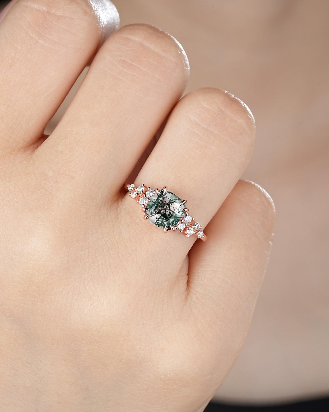 Vintage Cushion Cut Cluster Moss Agate Engagement Ring, Moss Agate Diamond Promise Ring, 14K Rose Gold Wedding Ring Anniversary Gift for her - ShainJewelry