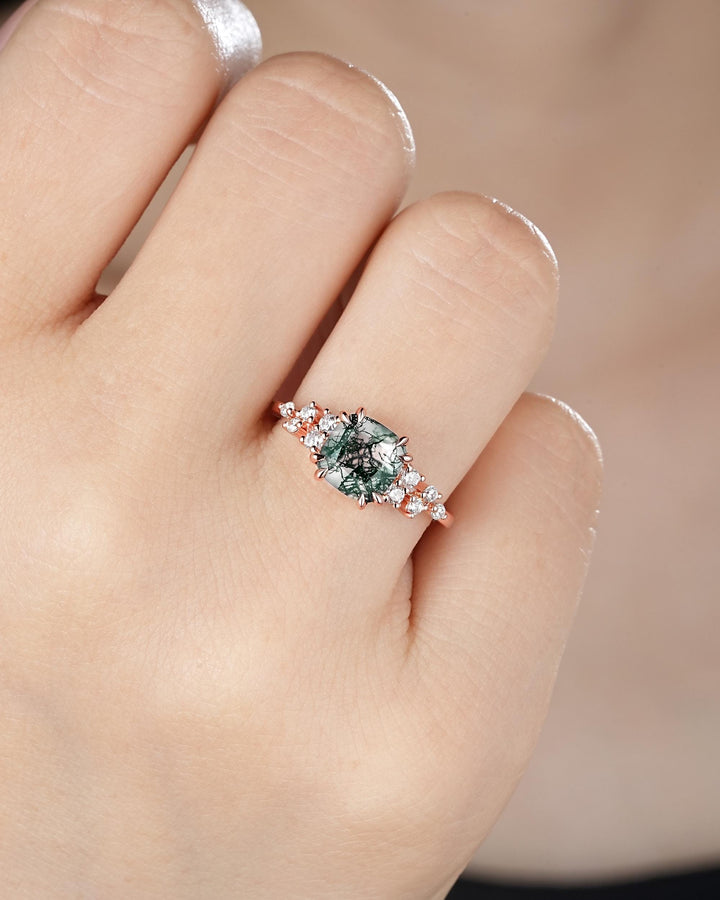 Vintage Cushion Cut Cluster Moss Agate Engagement Ring, Moss Agate Diamond Promise Ring, 14K Rose Gold Wedding Ring Anniversary Gift for her - ShainJewelry