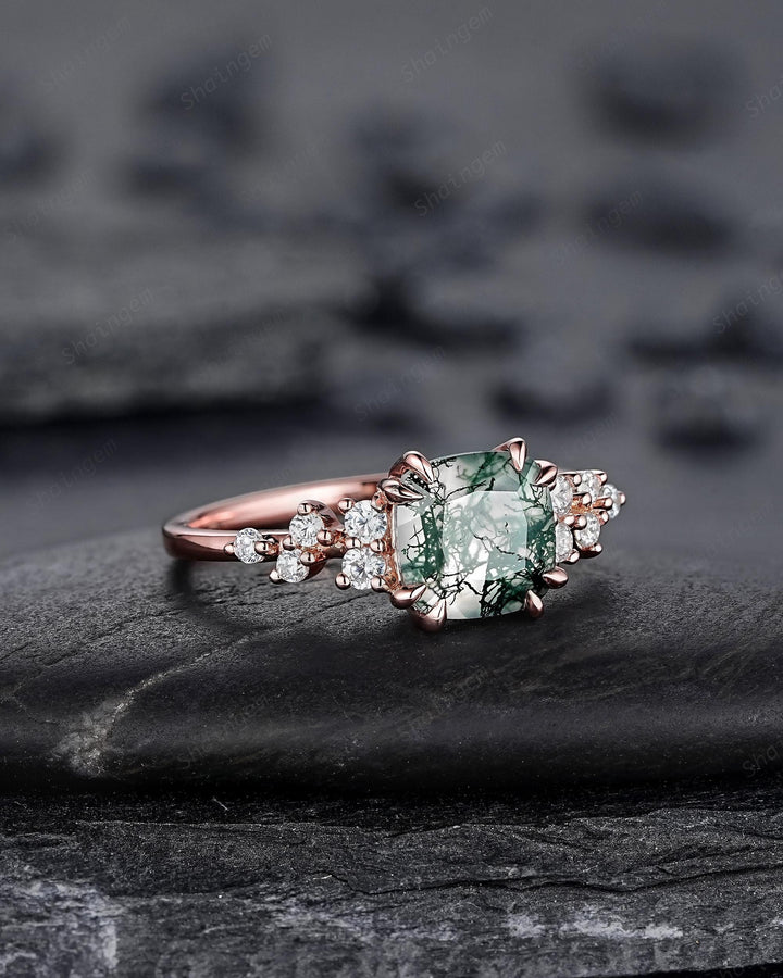 Vintage Cushion Cut Cluster Moss Agate Engagement Ring, Moss Agate Diamond Promise Ring, 14K Rose Gold Wedding Ring Anniversary Gift for her - ShainJewelry
