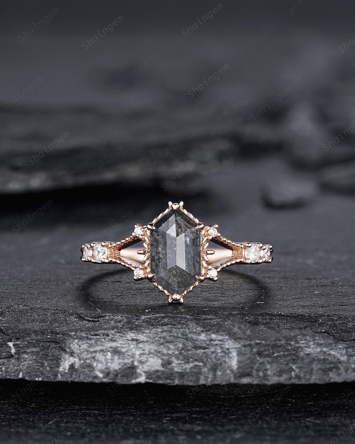 Elongated Hexagon Salt and Pepper Diamond Engagement Ring,18K Rose Gold Natural Diamond Promise Ring, Spilt Shank Milgrain Diamond Ring Gift - ShainJewelry