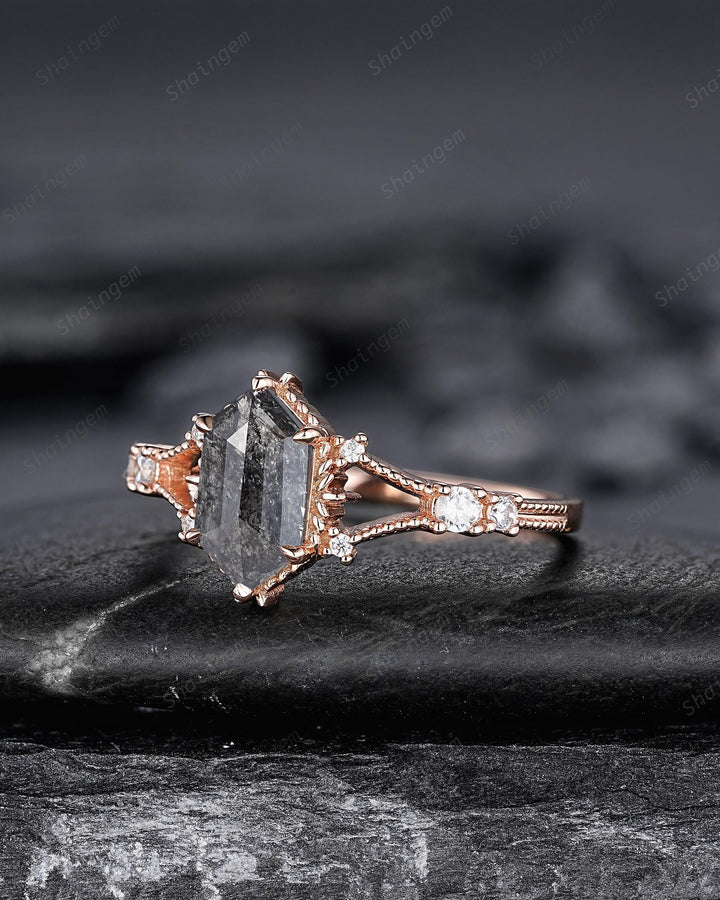 Elongated Hexagon Salt and Pepper Diamond Engagement Ring,18K Rose Gold Natural Diamond Promise Ring, Spilt Shank Milgrain Diamond Ring Gift - ShainJewelry