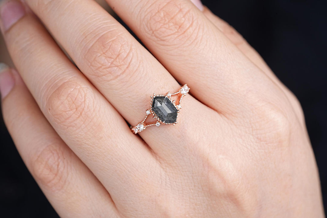 Elongated Hexagon Salt and Pepper Diamond Engagement Ring,18K Rose Gold Natural Diamond Promise Ring, Spilt Shank Milgrain Diamond Ring Gift - ShainJewelry