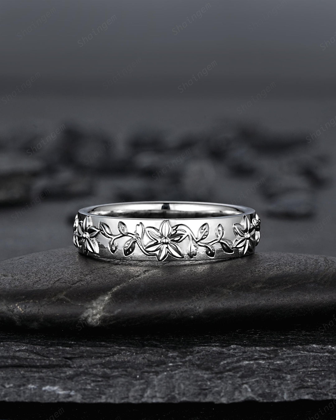 His and Hers Full Eternity Lily May Birth Flower Couple Ring Set, White Gold Wedding Band, Silver Nature Inspired Leaf Vine Matching Band - ShainJewelry