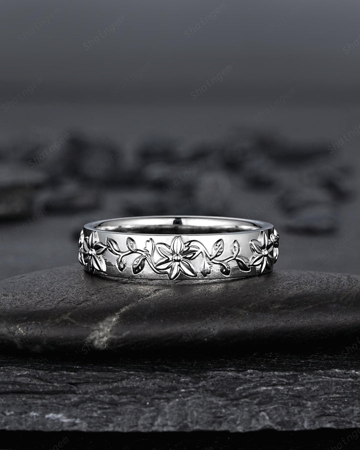 His and Hers Full Eternity Lily May Birth Flower Couple Ring Set, White Gold Wedding Band, Silver Nature Inspired Leaf Vine Matching Band - ShainJewelry