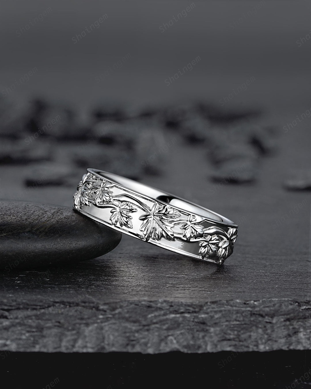 Nature Inspired Full Eternity Maple Leaf Men's Wedding Band, White Gold Engagement Matching Band, Floral Straight Band for Men Promise Ring - ShainJewelry