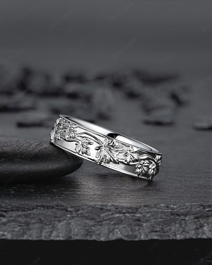 Nature Inspired Full Eternity Maple Leaf Men's Wedding Band, White Gold Engagement Matching Band, Floral Straight Band for Men Promise Ring - ShainJewelry