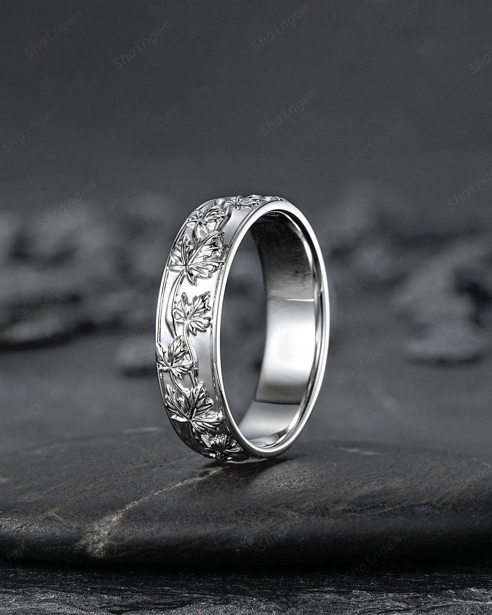 Nature Inspired Full Eternity Maple Leaf Men's Wedding Band, White Gold Engagement Matching Band, Floral Straight Band for Men Promise Ring - ShainJewelry