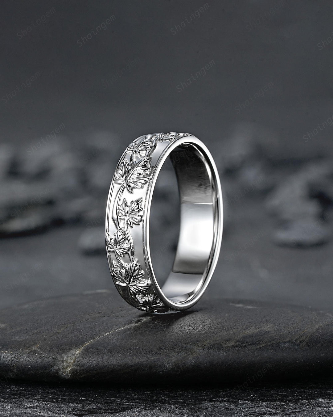 Nature Inspired Full Eternity Maple Leaf Men's Wedding Band, White Gold Engagement Matching Band, Floral Straight Band for Men Promise Ring - ShainJewelry