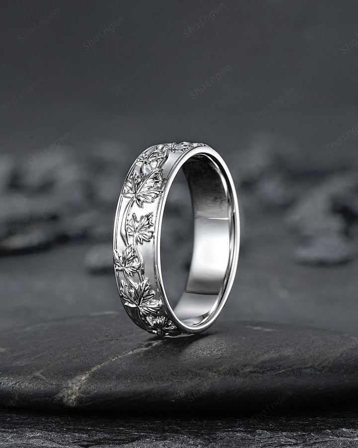 Nature Inspired Full Eternity Maple Leaf Men's Wedding Band, White Gold Engagement Matching Band, Floral Straight Band for Men Promise Ring - ShainJewelry