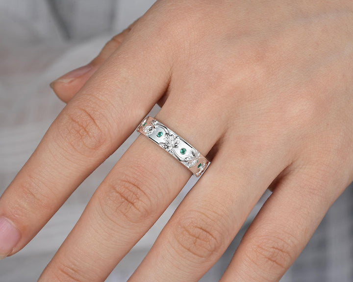 Nature Inspired Full Eternity Maple Leaf Men's Wedding Band, White Gold Engagement Matching Band, Emerald Straight Band for Men Promise Ring - ShainJewelry